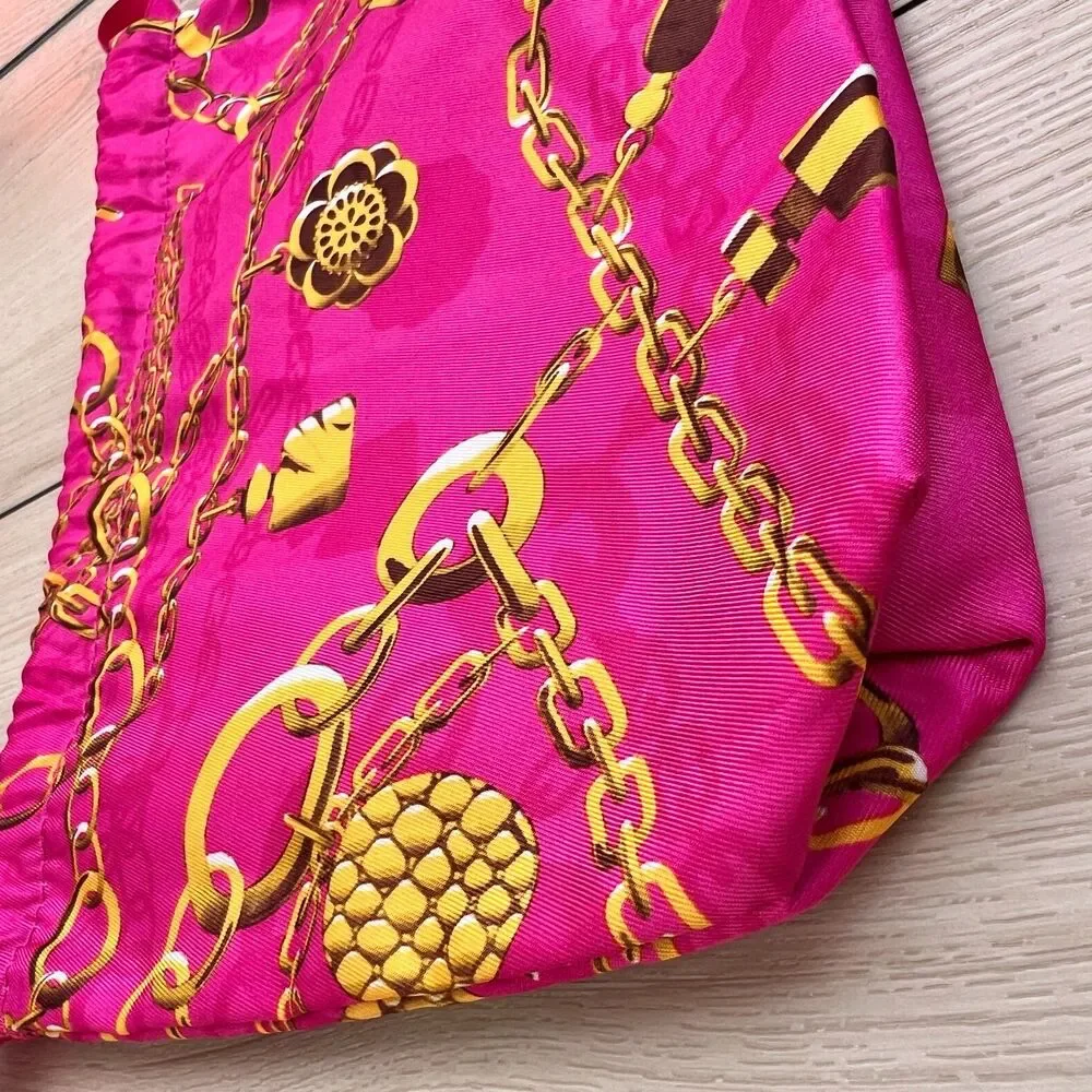 Estee Lauder Fuchsia Pink Gold Chain 90s Pattern Drawstring Makeup Bag
